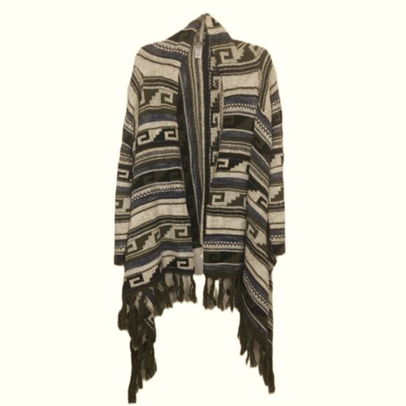 J Jill Aztec Print Fringe Sweater Open Waterfall Cardigan Wool Mohair M - Picture 1 of 5